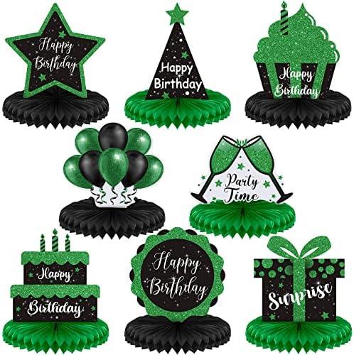 Yexiya 8 Pcs Black and Green Birthday Centerpiece Table Decoration, Happy Birthday Honeycomb Centerpieces Honeycomb Table Toppers for Men Women Party Supplies