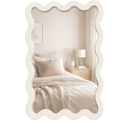 22"x30" White Wavy Wall Mirror for Vanity, Cream Solid Wood Irregular Mirror for Bedroom, Cute Squiggle Mirror for Aesthetic Decor, Small Asymmetrical Curvy Frame