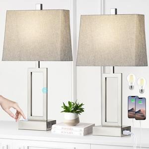 Lolikit 23.5" Touch Control Table Lamps, Metal Bedside Lamp for Bedroom Set of 2 with USB A+C Ports & AC Outlet, 3-Way Dimmable Nightstand Lamp for Living Room (LED Bulb Included)