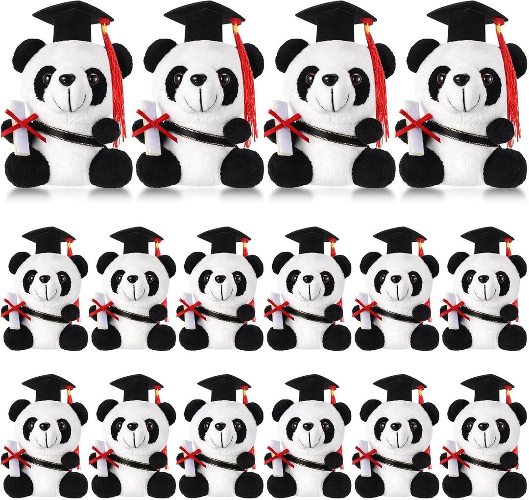 16 Pcs Mini Graduation Plush Gift Stuffed Animal with Cap Sash and Diplomas Graduation Doll Class of 2025 Present for College High School Party Decoration(Panda)
