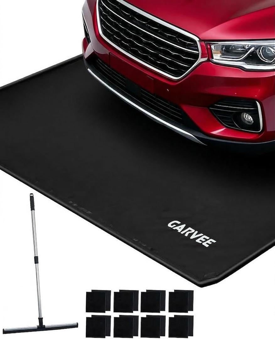 Garage Mat with Raised Edge, 1000D PVC Non-Slip Floor Protector for Cars Trucks SUVs, Snow Melt Containment Tray for Winter, Comes with Squeegee & 8 Attachment Straps, 4 Size Options (7.9x16 to 8.6x22