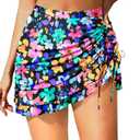 Pinup Fashion High Waisted Swim Skirt - Women Drawstring Ruched Bathing Suit Bottoms with Built-in Brief (Large, Colorful Floral)