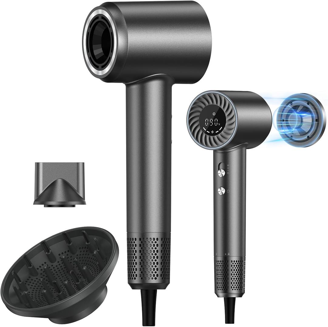 Hair Dryer, 150000 RPM Brushless Motor with 500M Negative Ions, Fast-Dry Lightweight Design, ThermoControl & Magnetic Nozzle/Diffuser, Low Noise Salon Blow Dryer for All Hair, Travel, Home