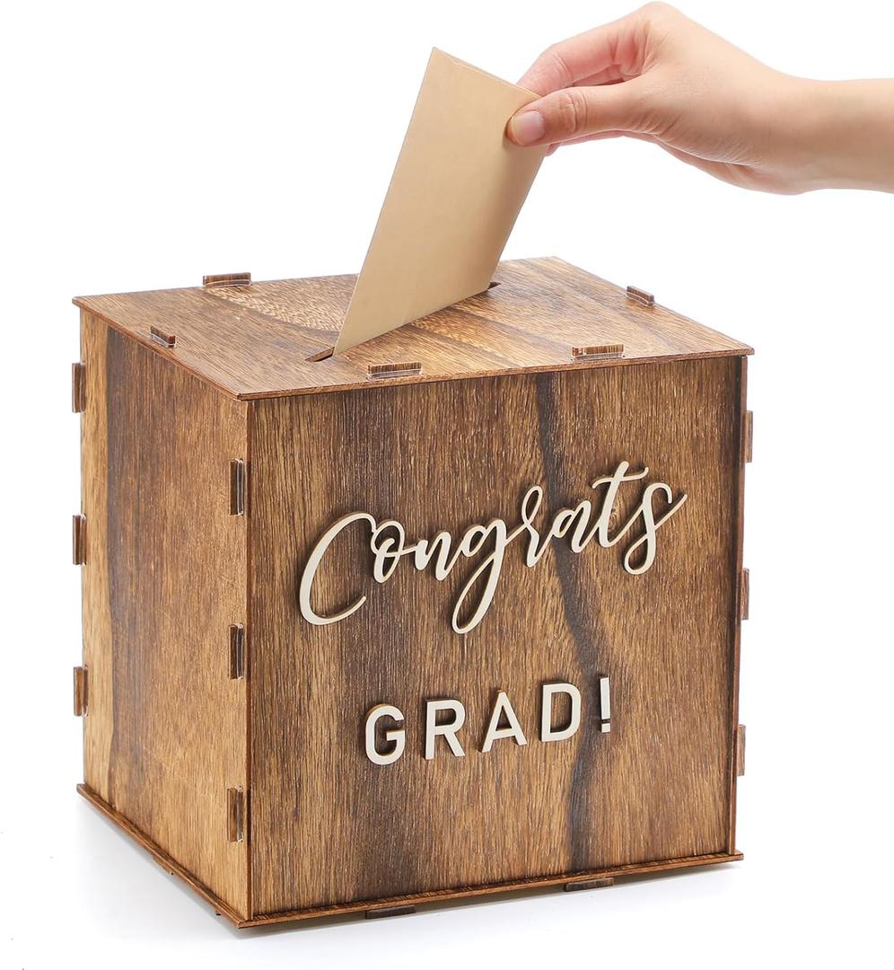 Bucherry 2026 Graduation Card Box Holder Class of 2026 Rustic Wooden Card Box with Slot for Congrats Grad Party Decorations Supplies (Brown, 8.66 Inches)