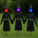 Halloween Decorations Outdoor 5 FT Set of 3 Light Up Witches Holding Hands Witches with Stakes,Scary Screaming Variable Glowing Face Witches for Spooky Garden Statue Decoration Lawn Patio Decor (BK)