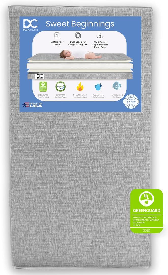 Delta Children Sweet Beginnings Dual Sided Baby Crib Mattress and Toddler Mattress, GREENGUARD Gold and CertiPUR-US Certified, Firm Plant-Based Foam, Waterproof, Made in USA