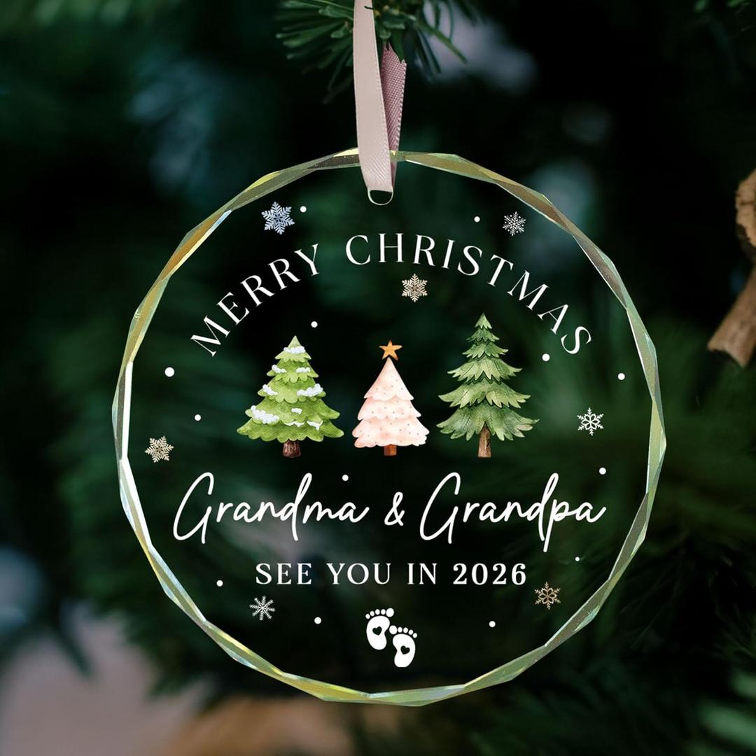 Grandparents Gifts - Merry Christmas Grandma and Grandpa See You in 2026 - Baby Announcement Ornament, Grandma and Grandpa Pregnancy Announcement Glass Ornaments - Grandparent Gift for Christmas