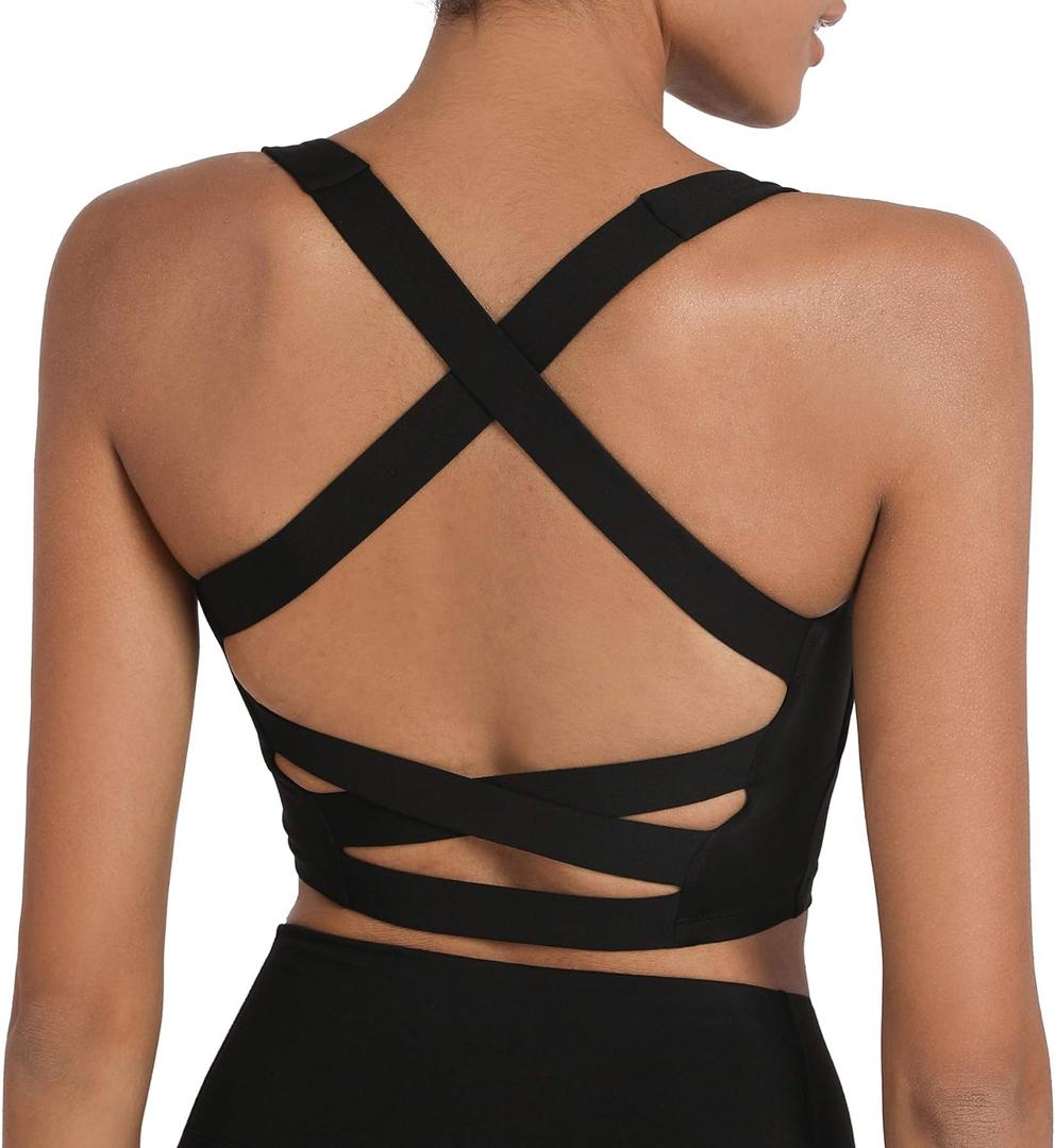romansong Strappy Yoga Sports Bras for Women Padded Criss-Cross Back Tank Tops (Medium, Black)
