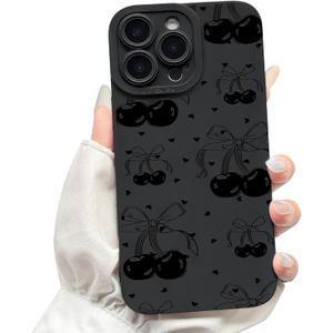 NITITOP Compatible with iPhone 14 Pro Max Case Cute Cherry Bow Ribbon Pattern for Girls Women Soft TPU Durable Full Camera Lens Shockproof Protective Cover - Black
