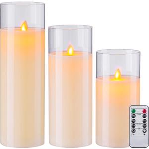 AKU TONPA Pack of 3 Flameless Candles Battery Operated Real Wax Glass Flickering LED Candle Sets with Remote Control Cycling 24 Hours Timer (3" x 8" 10" 12")