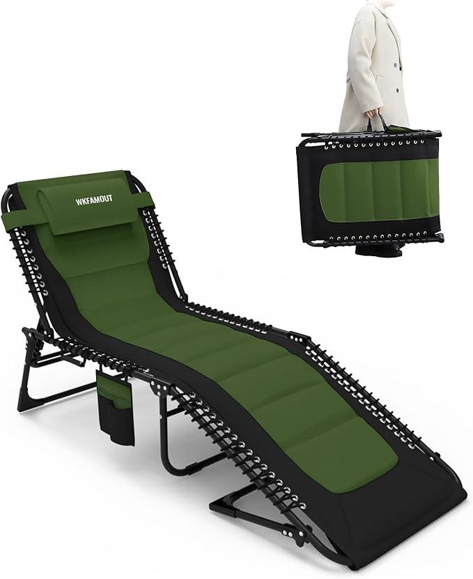 WKFAMOUT Outdoor Folding Lounge Chair Padded for Adults 264Ibs Patio Chaise Lounge Chair for Outside 5-Position Adjustable Reclining Beach Chair with Pillow Pocket