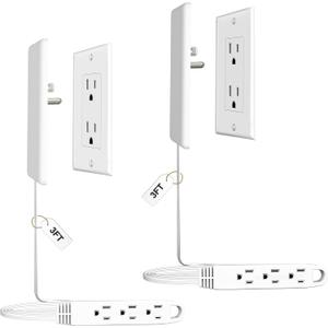 2 Pack 3FT Flat Plug Extension Cord Power Strip with 3 Outlets, Patented Detachable Ultra-Thin Outlet Cover Concealer & Ultra-Flat Plug, Max. 13A 125V 1625W ETL Listed, White Color