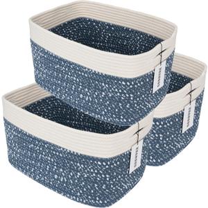 White and Blue Cotton Rope storage Basket Bins Woven Basket for Organizing Shelves 15X10X9.3 Rectangle Decorative Baskets For storage Books Towels Wicker Nursery basket organizer Set of 3
