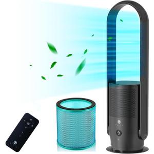 U ULTTY Bladeless Tower Fan and Air Purifier in one, True HEPA Filter 99.97% Smoke Dust Pollen Dander, Oscillating Tower Fan with Remote Control CR022D, Black (Large)