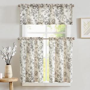 jinchan Floral Kitchen Curtains Set Linen Tier Curtains and Valance Farmhouse Drapes for Small Windows 36 Inch Length for Cafe Living Room Bathroom Rod Pocket 3 Pieces Set Black on Linen