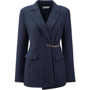 Women's Striped Blazers Lapel Collar Chain Decor Long Sleeve Work Office Jackets (Large, Navy Blue)