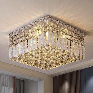 JNCNZN Modern Sliver Crystal Chandelier, Flush Mount Ceiling Light Fixture, 4-Lights Mini Chandeliers with Crystal Balls for Porch Kitchen Bedroom Living Room Entryway, H5.9 x W14