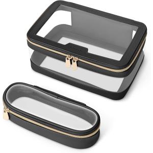 Travel Clear Makeup Bag with Makeup Brush Bag, Leather Makeup Case Toiletry Bag, Portable Cosmetic Bag Case, Transparent Waterproof Cosmetic Organizer Storage Bag for Women, Medium, Black