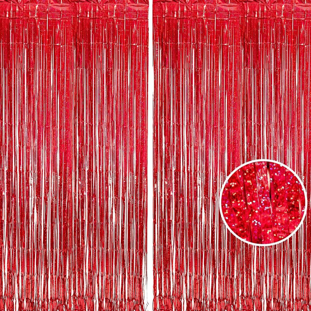 BRAVESHINE Red Tinsel Foil Fringe Curtains - 2Pcs 3.2x8.2ft Holidays Photo Booth Party Backdrop for Valentines, Bachelorette, Anniversary, Engagement, Christmas, Girl, Birthday, Bridal, New Years Decorations