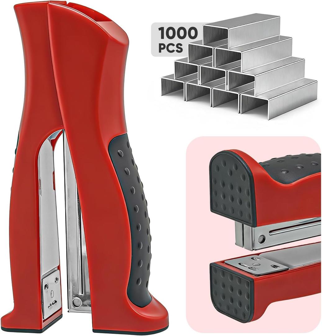 Stand-Up Stapler with 1000 Standard 1/4" Staples, Handheld Ergonomic Soft Grip 2-in-1 Vertical & Flat-Use Desktop Full Strip Stapler for Office, Home, School, Business & Classroom Supplies  Red