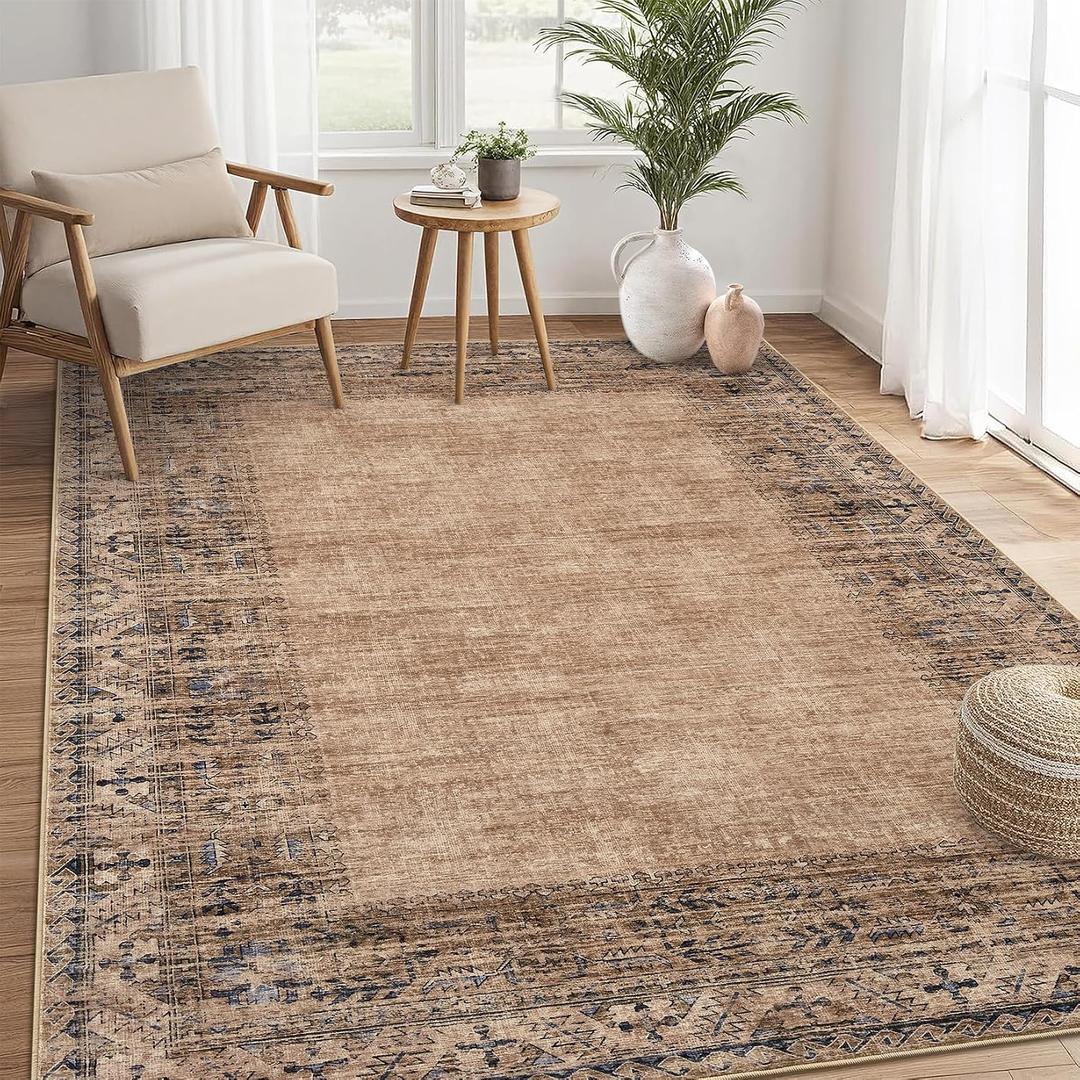 GlowSol Washable Area Rug 10x13 Solid Bordered Rugs for Living Room Non-Shedding Stain Resistant Distressed Neutral Carpet Non-Slip Bedroom Large Carpet for Farmhouse Bedroom Dining Table,Brown