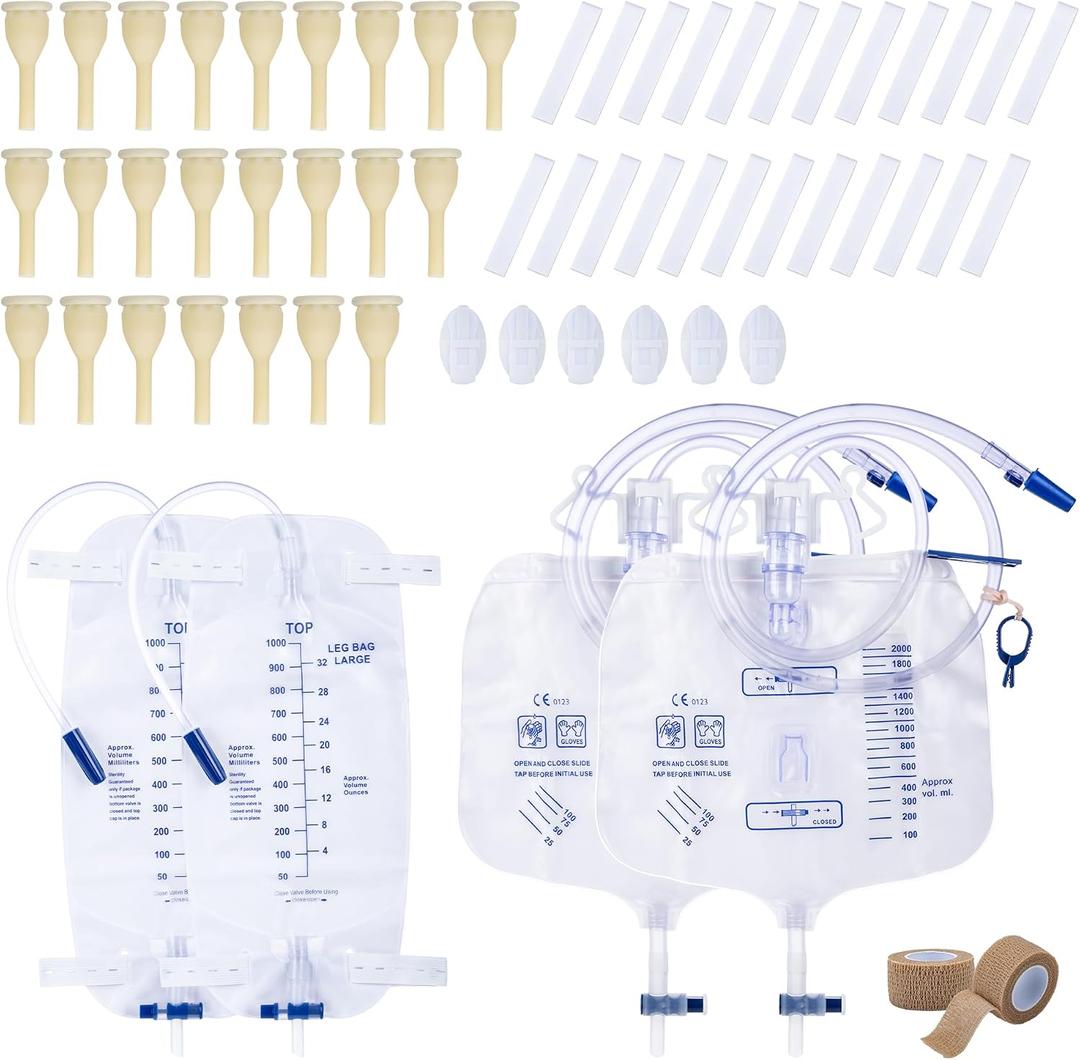 External Condom Catheter for Men Kit, 24 Soft Latex, 6 Catheter Stabilization Devices, 2 x 1000mL Urinary Leg Bags, 2 x 2000mL Overnight Catheter Bag, 2 Roll Tapes Set for Incontinence Men Use (35mm)