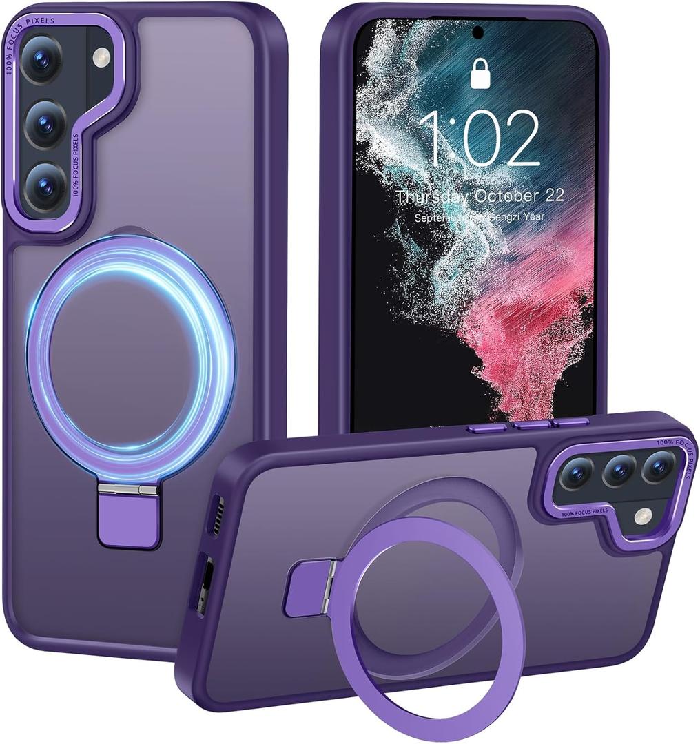Compatible with Samsung Galaxy S22 Case with Magnetic Ring Stand, Military Drop Protection, Anti-Scratch/Anti-Fingerprint Translucent Matte Case for Samsung Galaxy S22 (Purple)