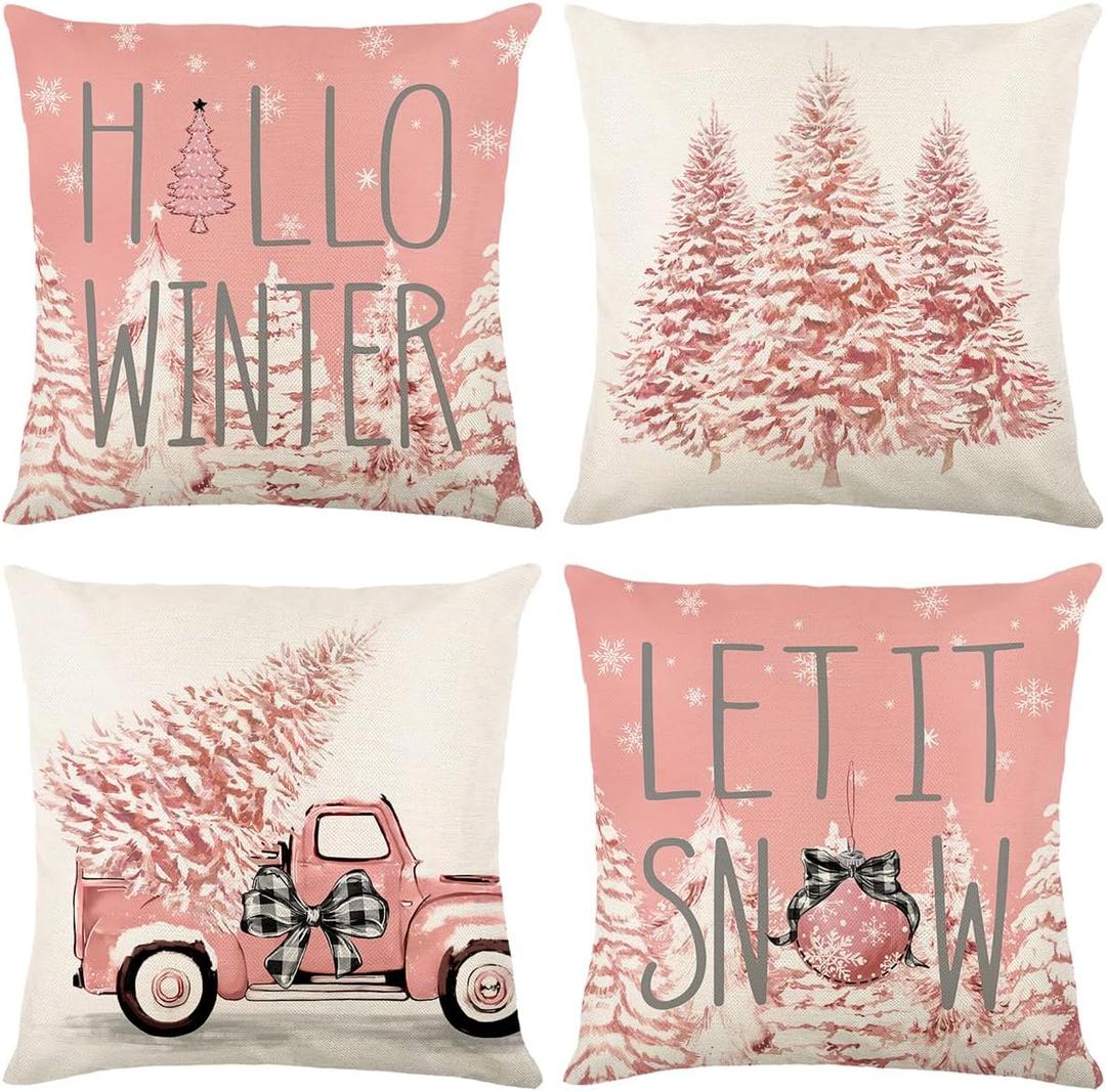 Christmas Pillow Covers Set of 4 for Xmas Decor, Winter Holiday Throw Cushion Case, Home Decorative Pillowcase (Pickup Christmas Tree, Pink, 18"x18")