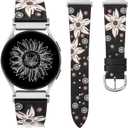 Minyee Leather Bands Compatible with Samsung Galaxy Watch 7 Band/Watch FE 6 5 4 40mm 44mm/Watch 5 pro Band 45mm/Watch 6 4 Classic 47mm 43mm 42mm 46mm, Boho Embossed Sunflower Designer 20mm Watch Band (Black Band / White Floral)