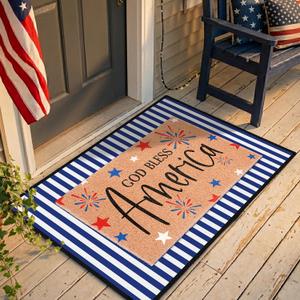 2 Pcs God Bless America Door Mats, 4th of July Patriotic Welcome Mat Non-Slip Coir Doormat with Blue White Stripes, Layered Rug for America 250th Anniversary, Front Porch Entryway Decor