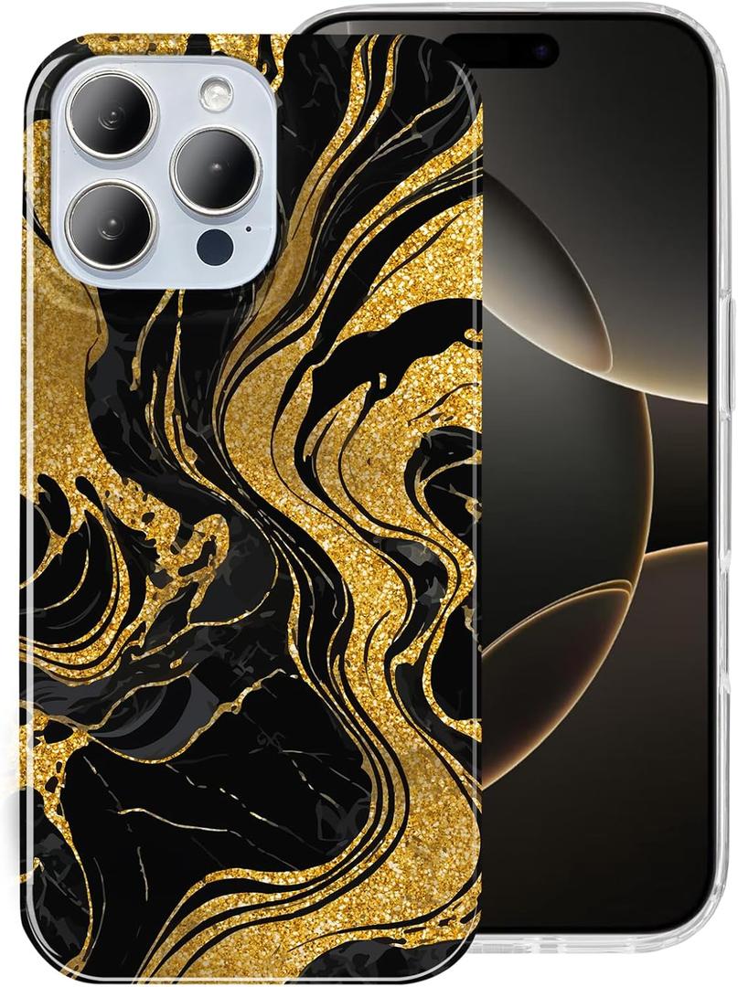 Compatible for iPhone 16 Pro Max 6.9 Case Glitter Black Gold Quicksand Shockproof Black Elegant Phone Cover for Lady Boss