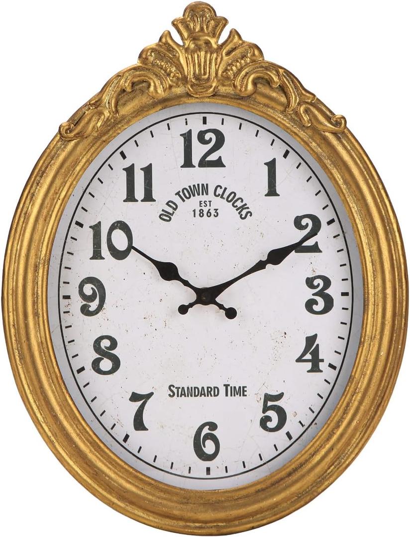 NIKKY HOME Vintage Wall Clock, European Style Decorative Clock Retro Oval Large Clock Silent Non-Ticking Elegant Home Decor Gold Wall Clocks Battery Operated for Living Room Bedroom (Medium)