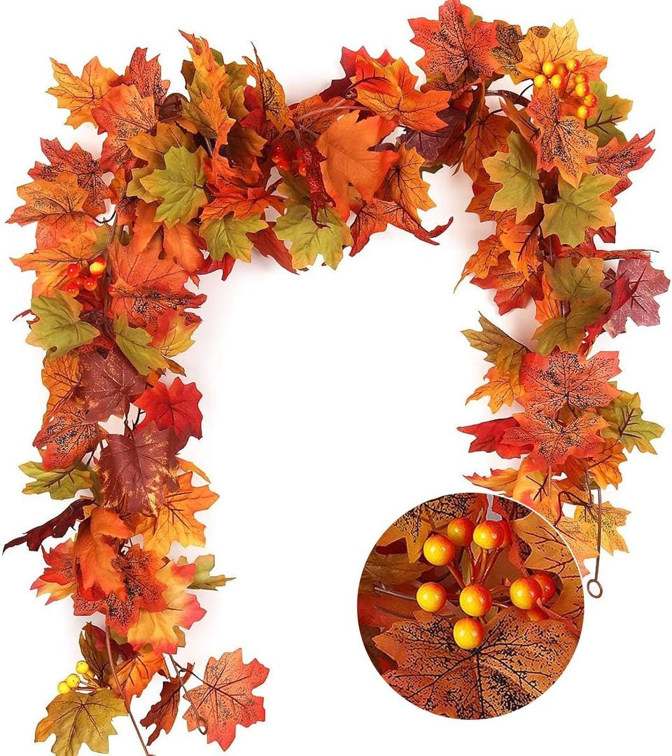 RECUTMS 2 Pack Fall Garland Maple Leaves Outdoor 5.8Ft/Pieces Fall Hanging Vine Garland Autumn Foliage for Thanksgiving Dinner Christmas Halloween Fireplace Door Mantle Garden Fence Porch Arch Decor (Ayellow)