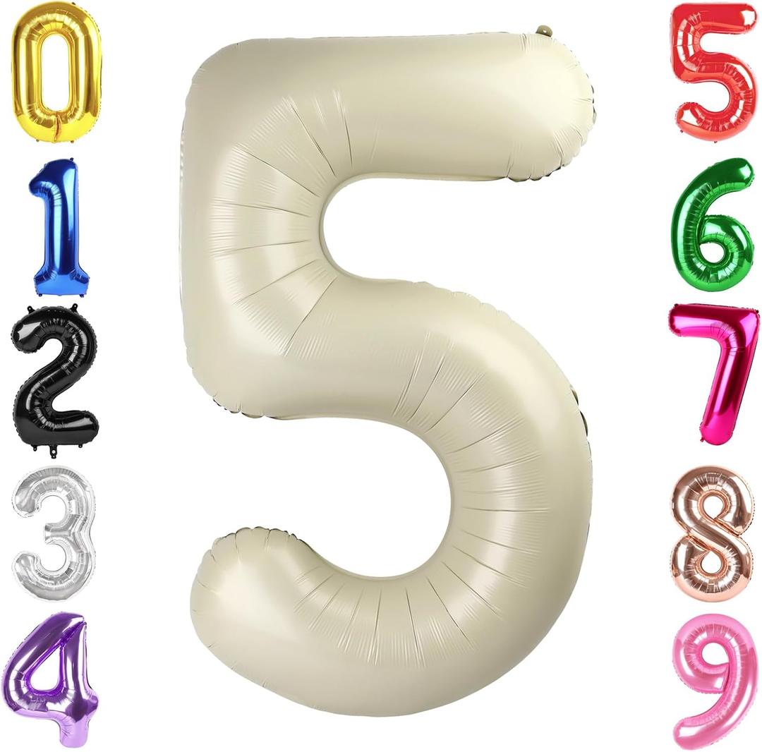 40 Inch Cream Number 5 Balloon, Giant 5 Number Balloons for 5th Birthday Decorations, Party Supplies for Baby Boy Girl, Cream Party Decor