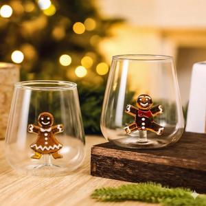 2 Set Christmas Gingerbread Man Stemless Wine Glass Christmas 15 oz Drinking Glasses for Dinner Party Birthday Holiday