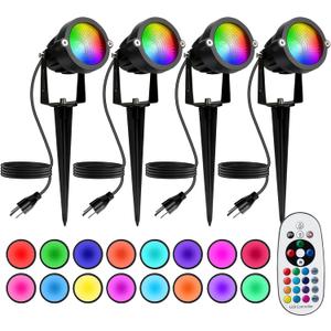 Halloween Christmas Spotlight Outdoor: 12W RGBW LED Spot Lights Outdoor with 16 Color Changing for Yard Garden Decor | 4 Pack of IP65 Waterproof 120V Plug in Landscape Lighting with Remote