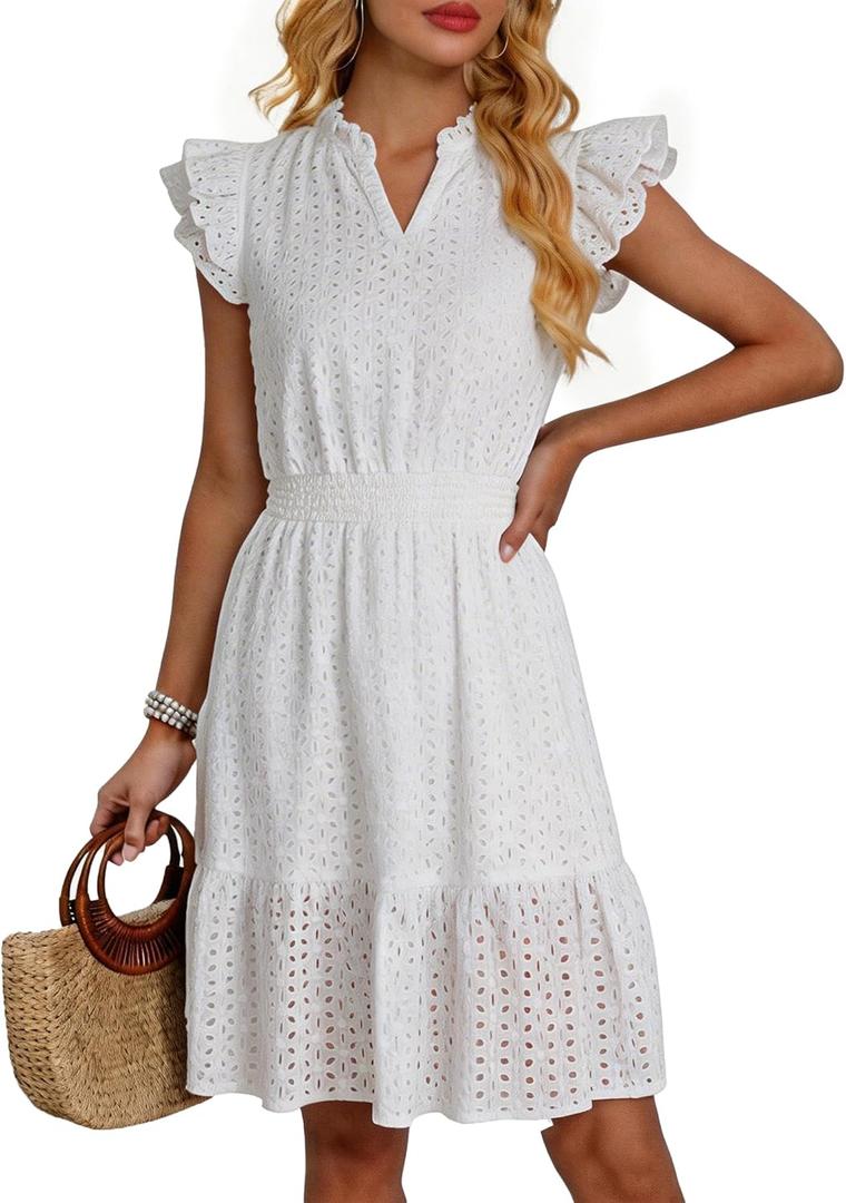 Boho Summer Dresses 2026 Resort V Neck Ruffle Sleeveless Hollow Out Lace Casual Beach Mini Vacation Dress