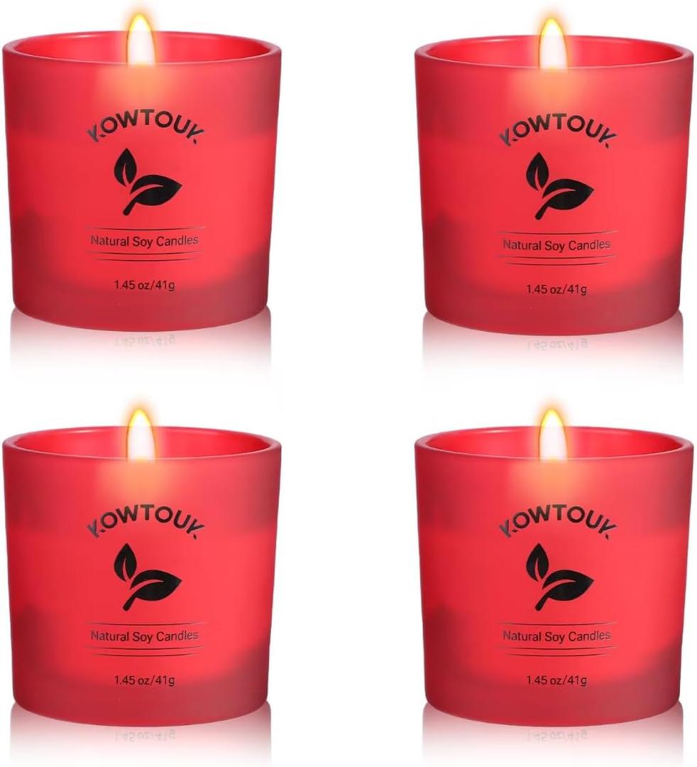 Set of 4 White Unscented Soy Candles, Red Glass Filled Votive Candles, Hand Poured Wax Candle for Home Décor Aromatherapy Spa Holidays Party and Weddings