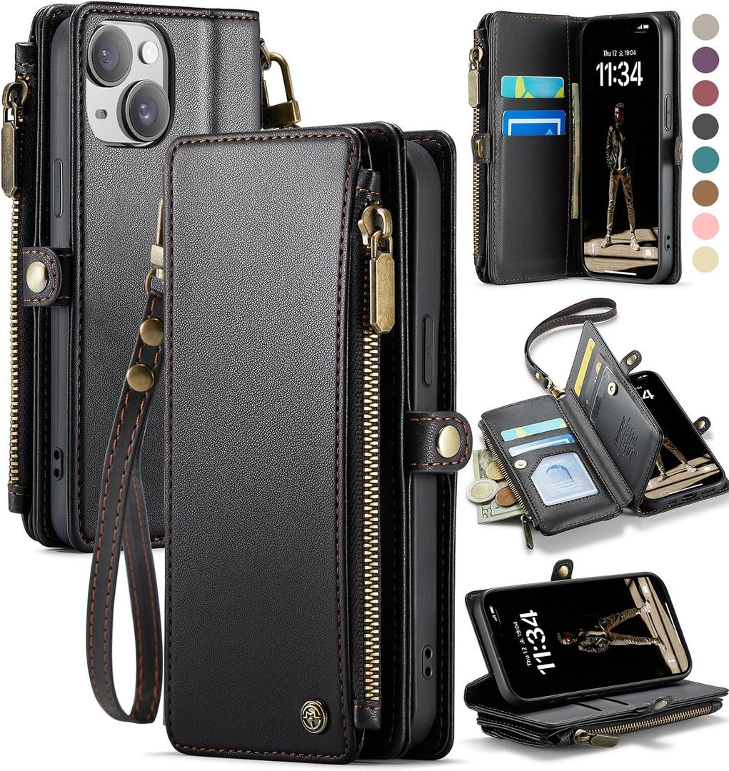 Defencase Compatible with iPhone 13 Case Wallet with RFID Blocking Card Holder for Women and Men, Fashion PU Leather Magnetic Snap Flip Zipper Strap Wallet Phone Case Fit for iPhone 13 6.1", Black