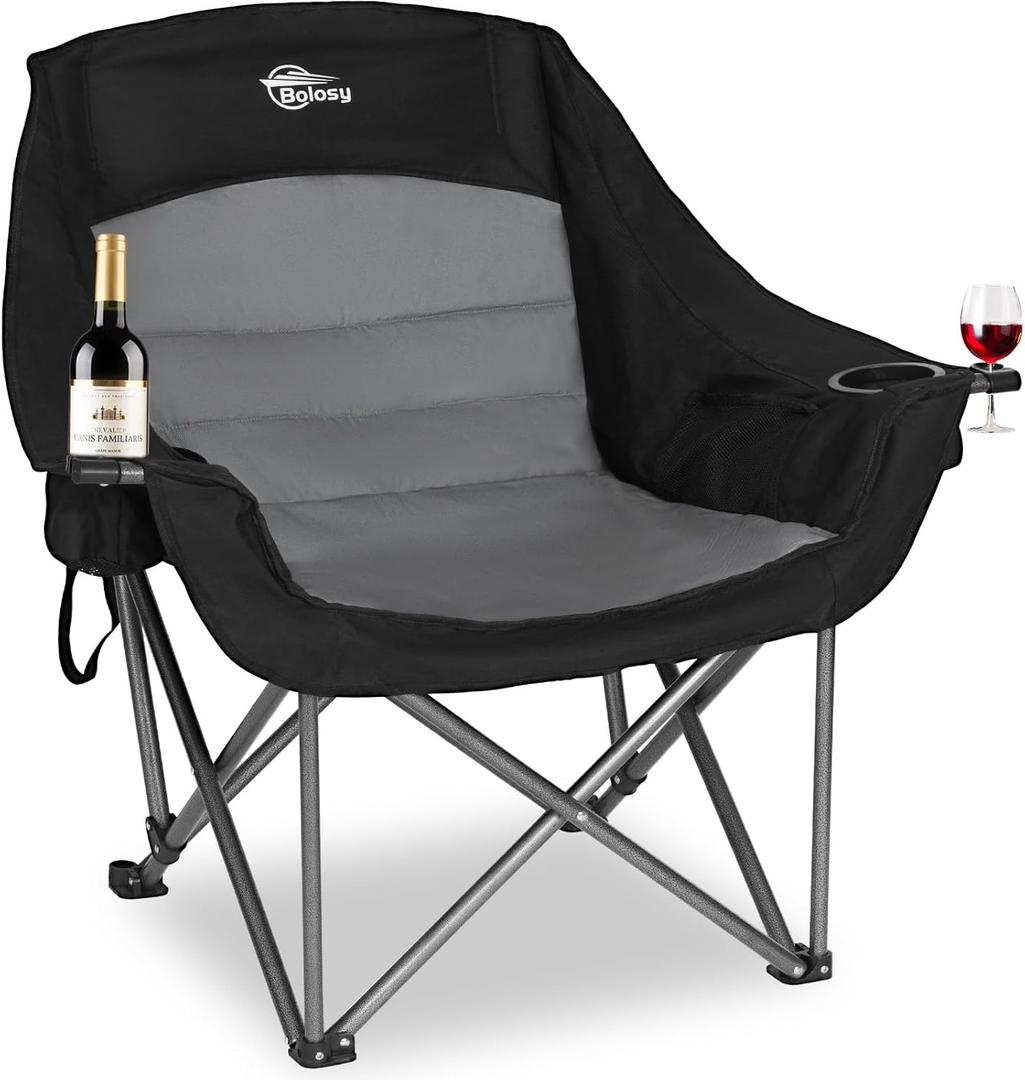Oversized XL Camping Chairs for Adults Heavy Duty Suproot 500 lbs Outdoor Folding Chairs Padded Portable Lawn Chairs Camp Chairs with Cup Holder (Single Pack, Black & Grey)