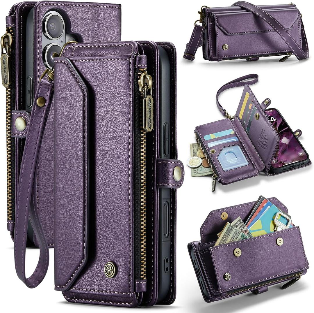 WAWZ for iPhone Air Case, Women Men Multi-Function Wallet Case with Stand RFID Blocking Featuring Magnetic Closure Zipper Includes Shoulder Strap Wrist Strap (Purple)