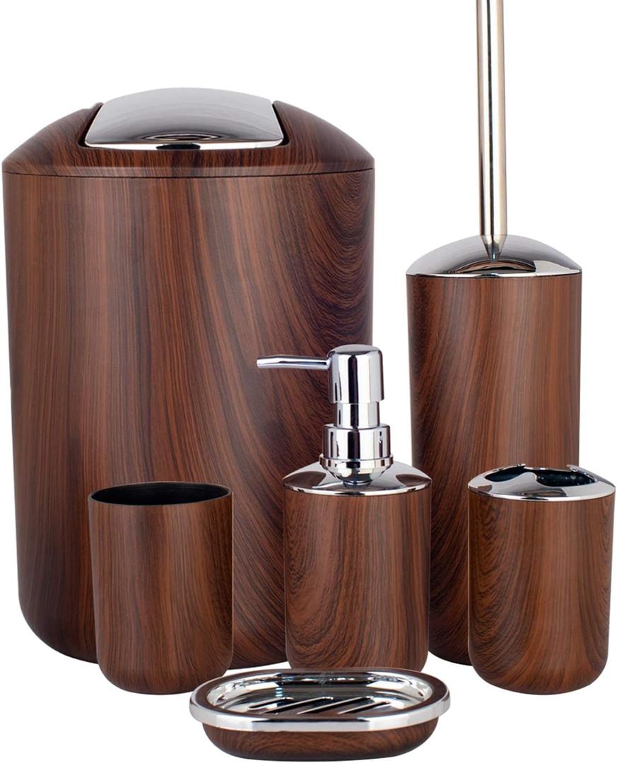 Bathroom Accessories Set 6 Piece Plastic Bath Ensemble Soap Dispenser Toothbrush Holder, Tumbler Soap Dish Soap Saver Trash Can Toilet Brush Holder Decorative Countertop Bathroom Accessoy Set (Brown)