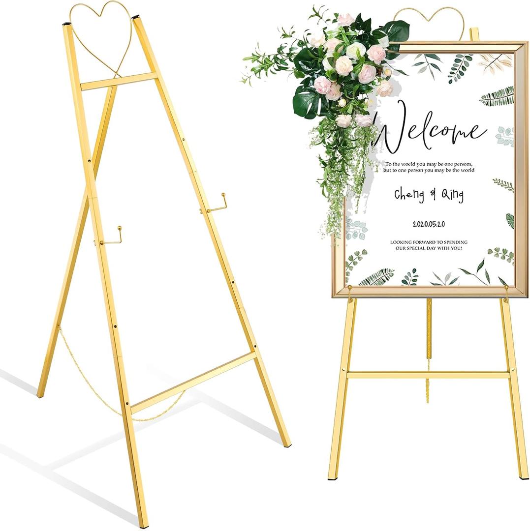 43.5" Gold Easel Stand for Wedding Sign, Heavy Duty Metal Display for Poster, Picture Frame, Adjustable Floor Easel with Chain, Large Standing Easel for Art, Paintings, Home Decor, Commercial
