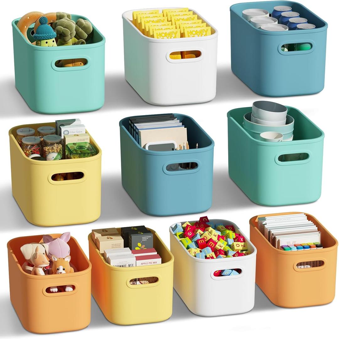 10 Pack Colorful Plastic Storage Bins, Storage Container for Organizing, Colored Storage Boxes with Handle for Shelves, Cute Organizer Bins for Craft, Snacks, Cabinet, 9.69x6.7x5.7 inch