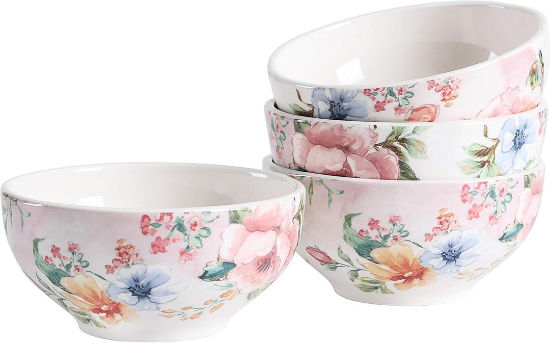 Bico Margret's Garden Cereal Bowls Set of 4, 24 oz Deep Ceramic Soup Bowls for Cereal, Salad, Noodles, Kitchen, Microwave and Dishwasher Safe, Gift for Housewarming and Thanksgiving