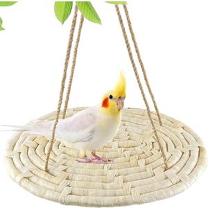 FlidRunest Bird Swing Hammock Bed, Natural Corn Woven Parrot Hammock Swing Mat, Hanging Bird Climbing Perch Mat, Relieve Boredom Chewing Toy for Birds Parakeets Lovebirds Cockatiels Conure, yellow