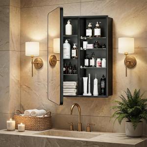 Large Bathroom Medicine Cabinet with Mirro 24x32, Aluminum Recessed or Surface Mount Wall Cabinet, Pre-Assembled, Adjustable Shelves, Center Divider for Tall Bottles, Soft Close, Matte Black