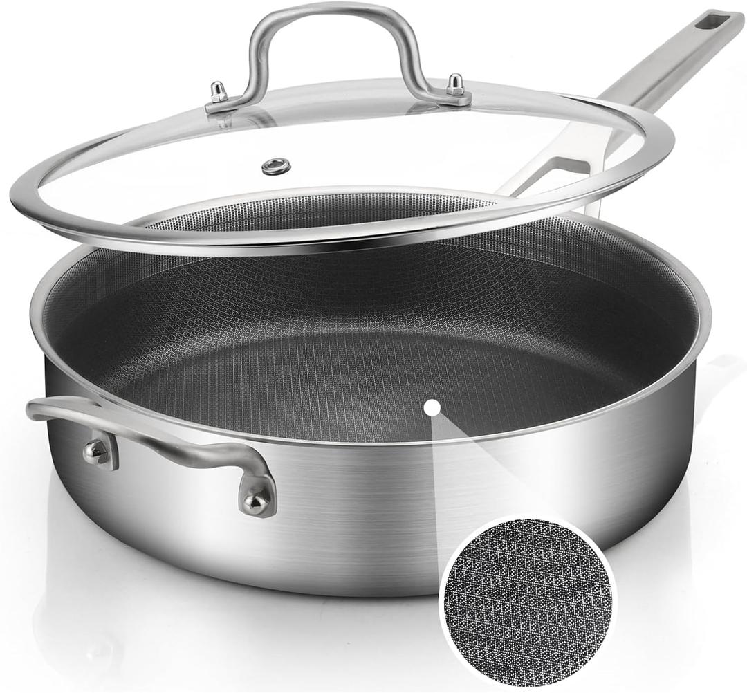 Saute Pan with Lid 5-Quarts,12.5 Inch 18/10 Tri-Ply Nonsitck Large Frying Pan, Up to 600 Full Clad Stainless Steel 3 Layer Deep Frying Pan with Stay Cool Handle, Dishwasher and Metal Utensil Safe