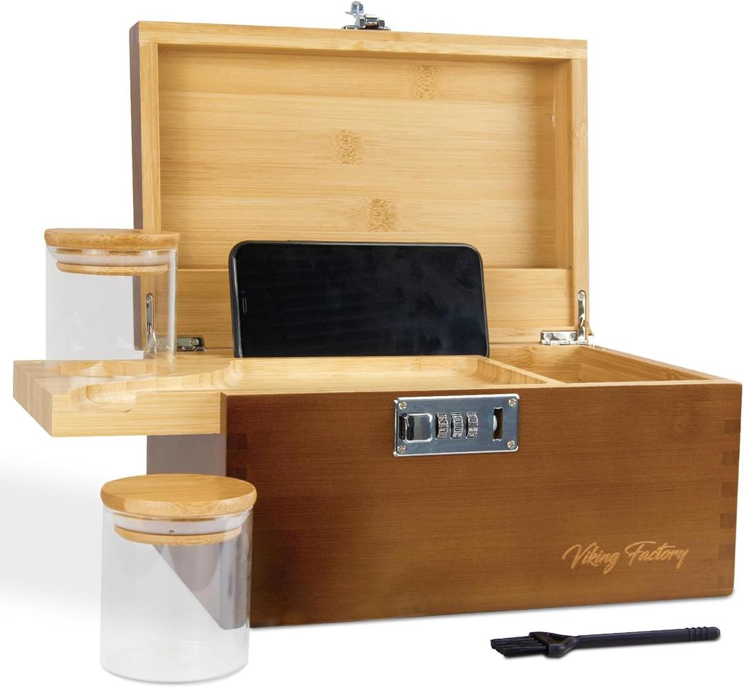 Large Bamboo Storage Box with Combination Lock, Removable Organizer Tray & Airtight Jars | Decorative Home Office Organizer for Supplies, Keepsakes & Accessories | Elegant Gift Set (Brown) (10.6"L x 7.1"W x 5.5"H)
