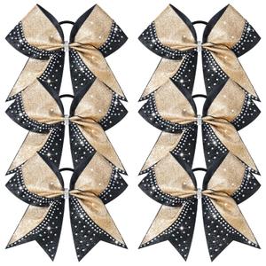 6PCS Glitter Cheer Bow Large Cheer Bows Rhinestones Hair Bows Girls 8"Cheerleading Bows Bulk Elastic Band Ponytail Holder for Teen Girls College Sports Competition Gold Black